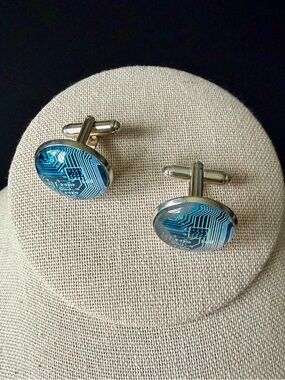 🩵 🩶 Blue Circuit Board Cufflinks in Silver toned Setting
